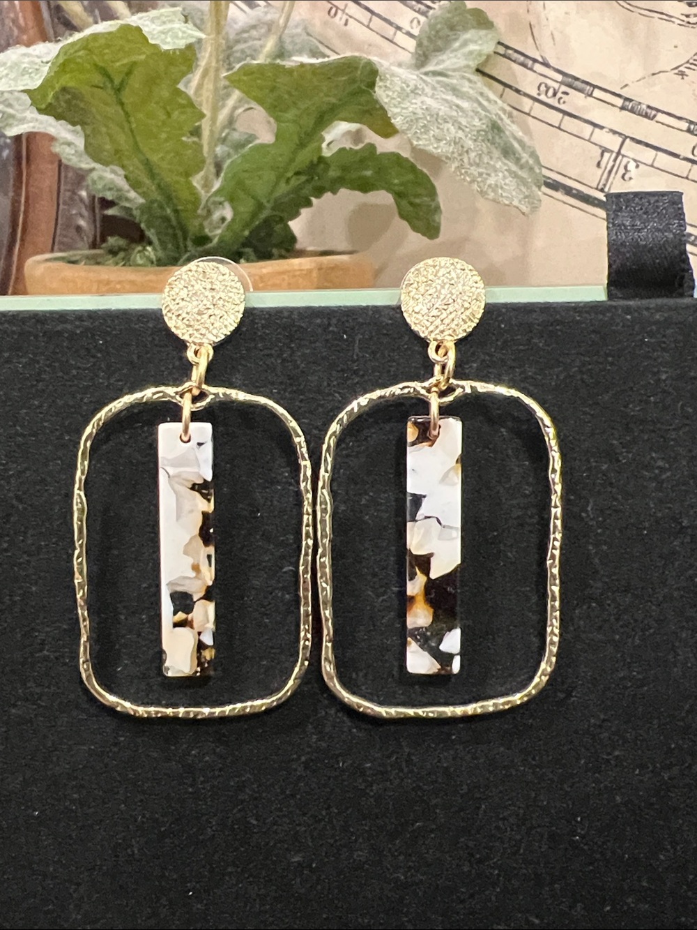 Gold Frame Tortoiseshell Drop Earrings - Women Jewelry